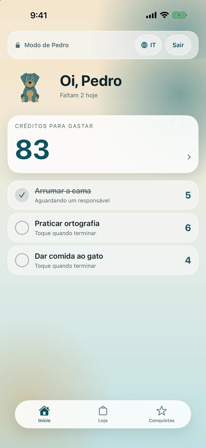 A tela inicial da criança com os créditos para gastar e as tarefas de hoje