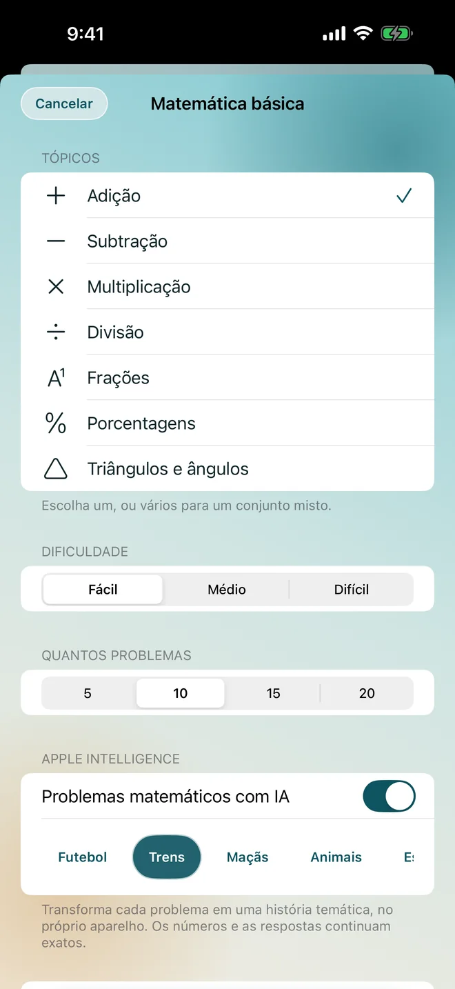 O gerador de matemática, com temas, dificuldade e a chave dos problemas escritos pela Apple Intelligence ligada