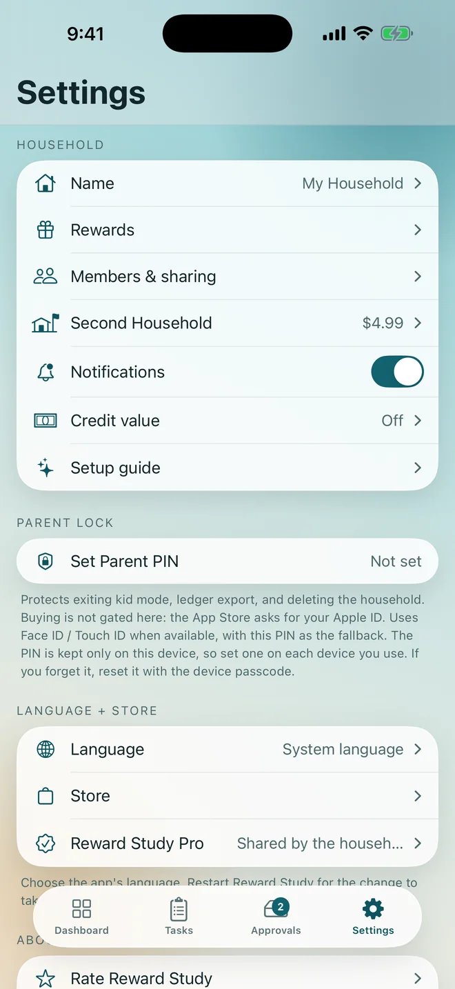 Settings, with the household, the parent lock and the store