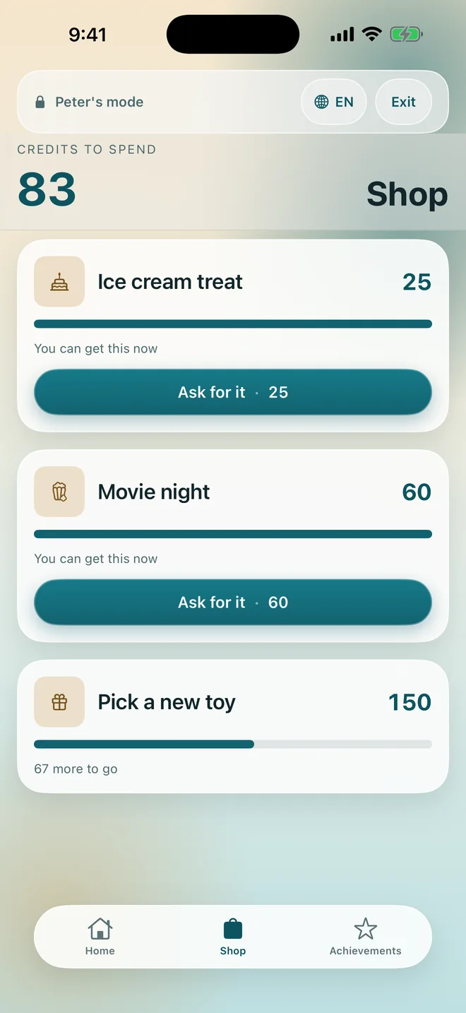 The reward shop, showing what each reward costs
