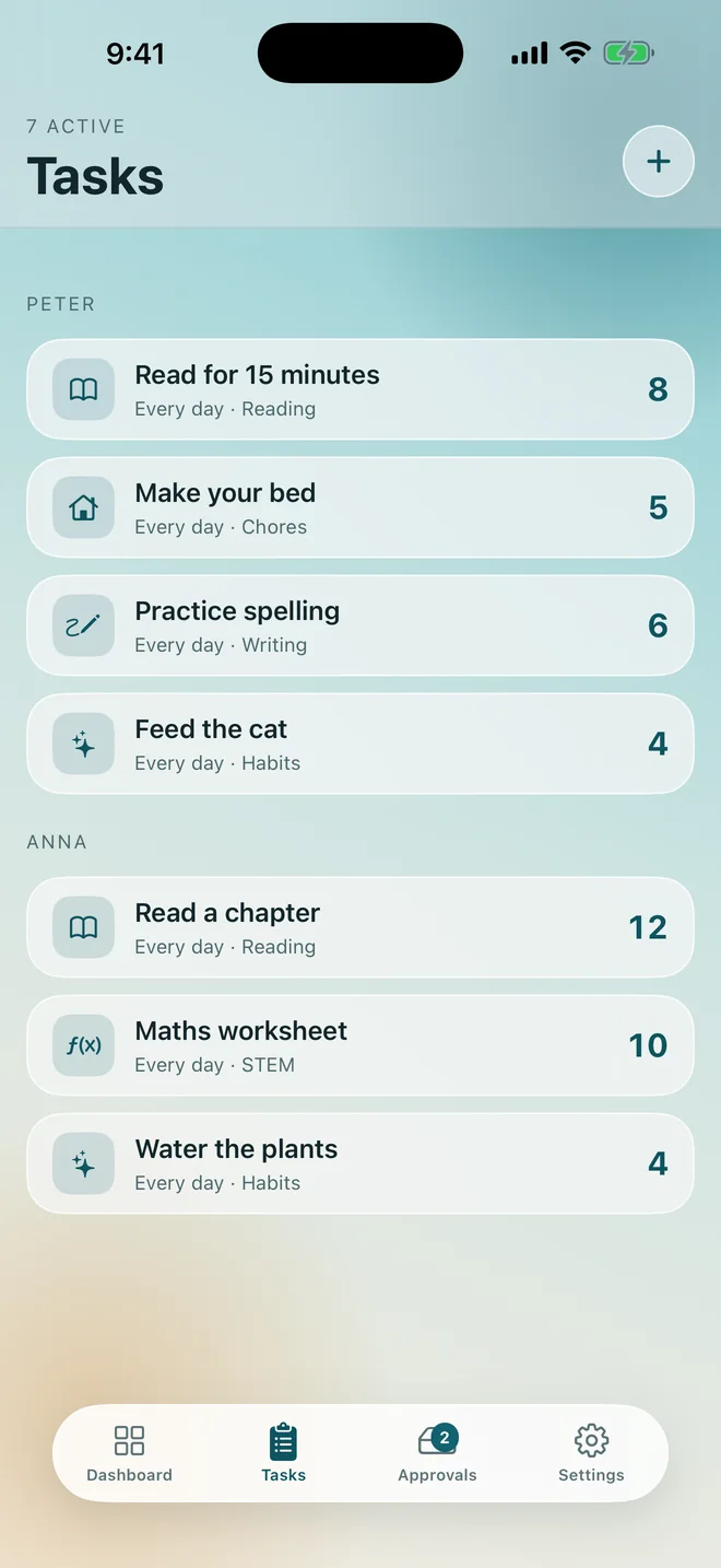 The task list grouped by child, each task showing what it pays