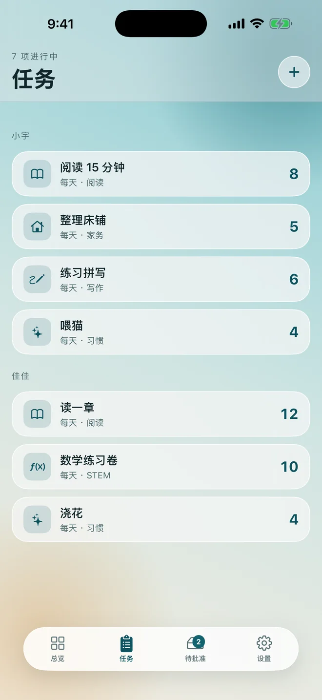 按孩子分组的任务清单，每项任务都显示可得积分