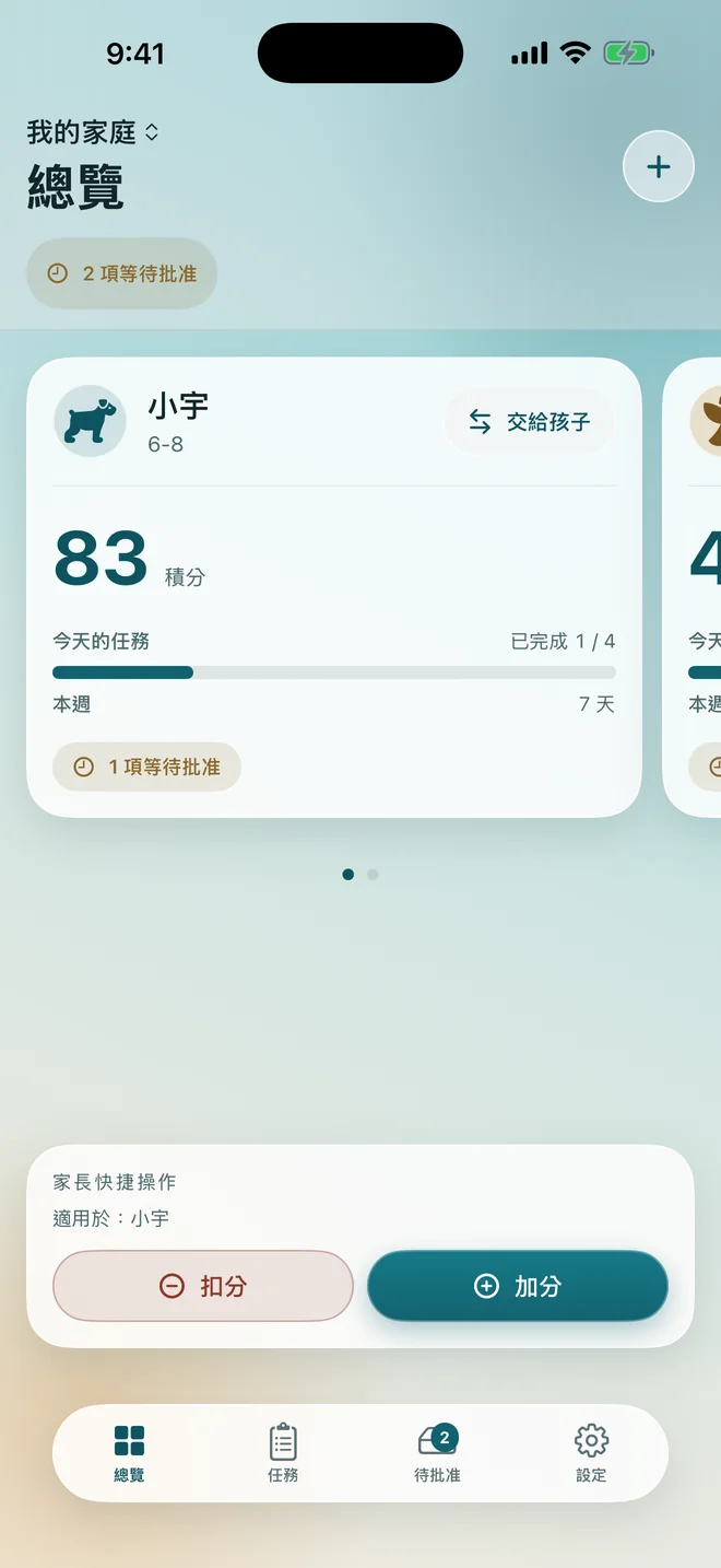家長總覽畫面,顯示每個孩子的積分餘額