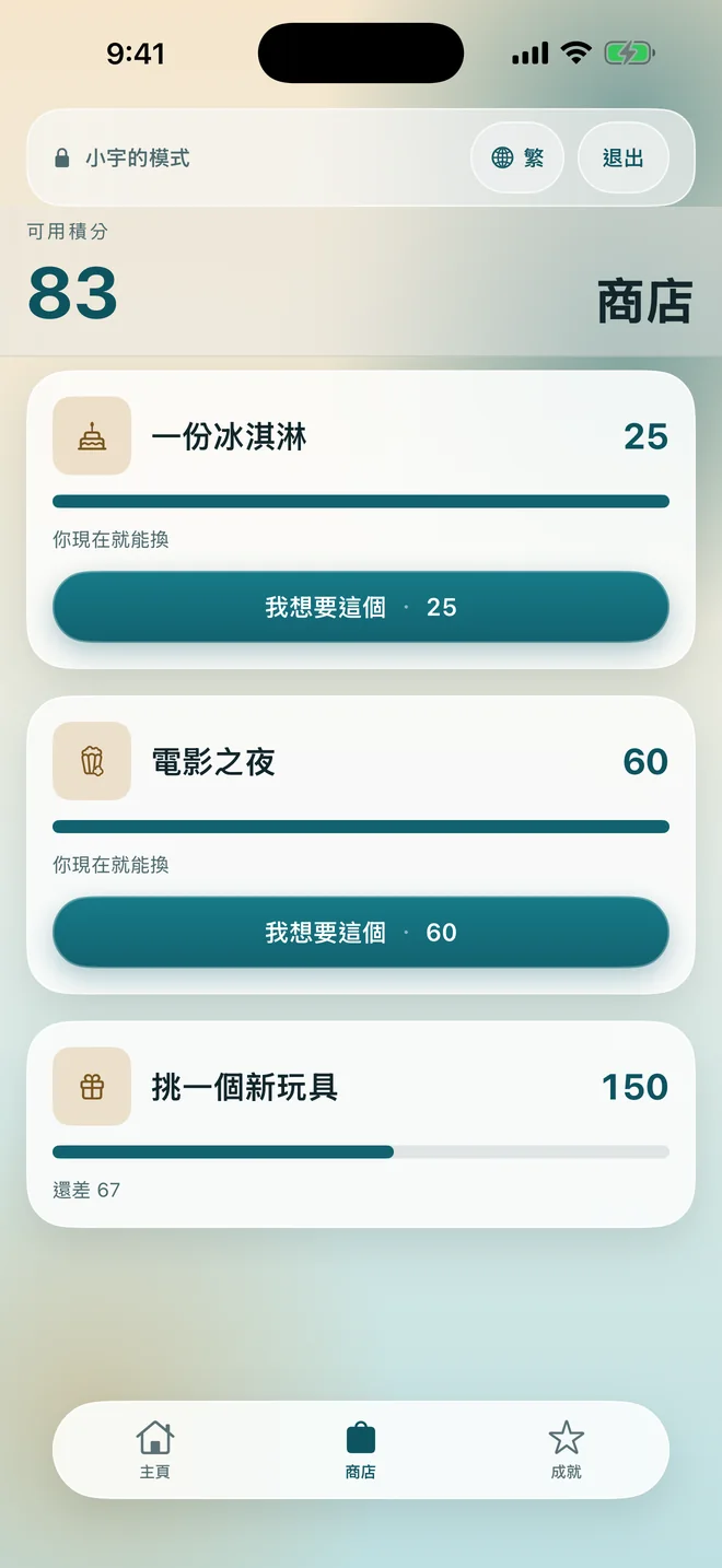 獎勵商店，顯示每個獎勵需要多少積分