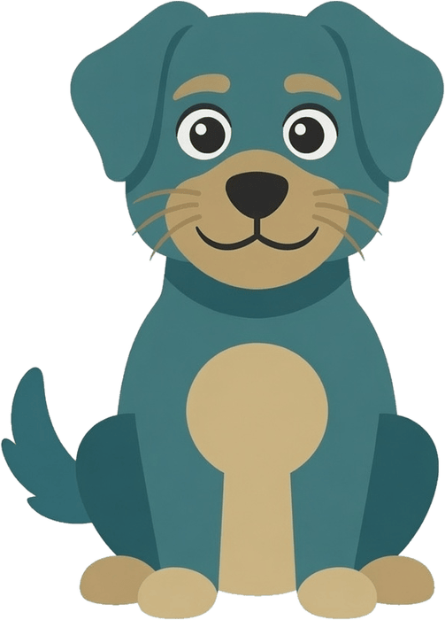 The Reward Study mascot, a friendly teal cartoon dog sitting and looking forward.