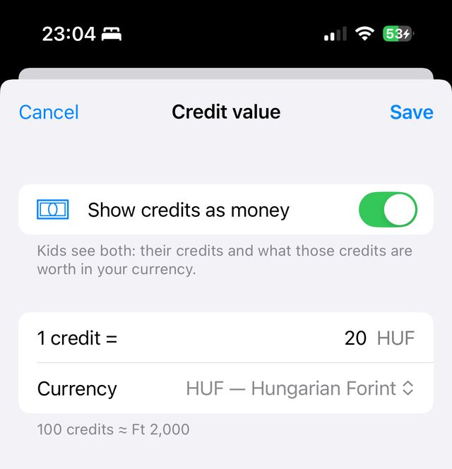 The Credit value settings screen, with a switch for showing credits as money, a rate of 1 credit to 20 forint, and a currency picker.