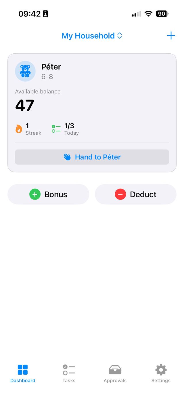 The parent dashboard showing a child's balance, current streak, tasks done today, and buttons for adding a bonus or a deduction.