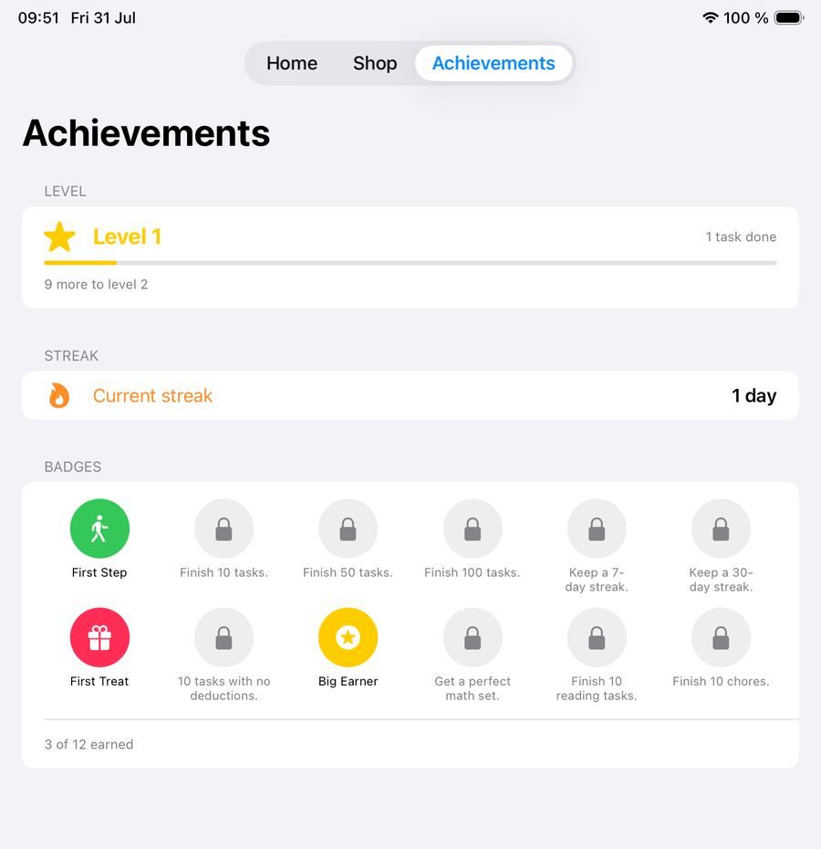 The Achievements screen on iPad showing the current level, a streak counter and a grid of earned and locked badges.