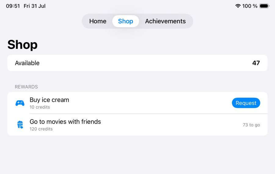 The reward shop on iPad, showing two rewards with their credit prices and how many credits are still needed.