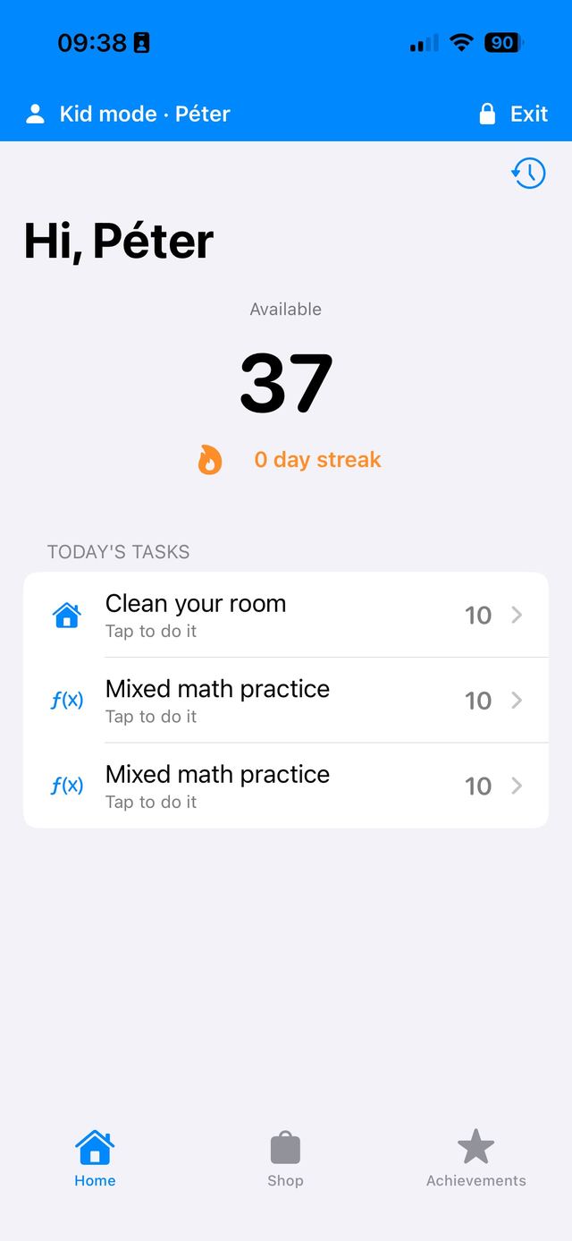Kid mode on iPhone, showing the child's available credits, current streak and the tasks left to do today.