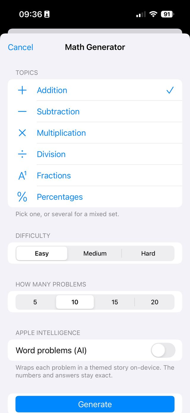 The Math Generator screen with topic choices from addition to percentages, a difficulty selector and a problem count.