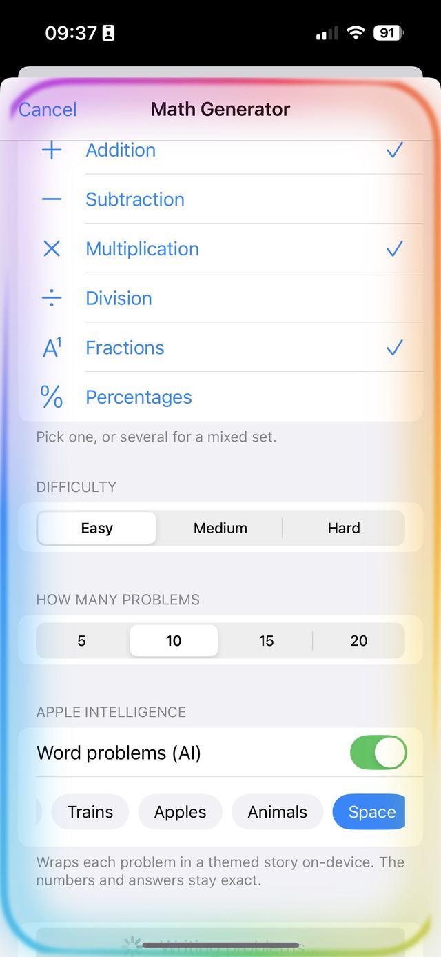 The same screen with AI word problems switched on and a story theme selected.