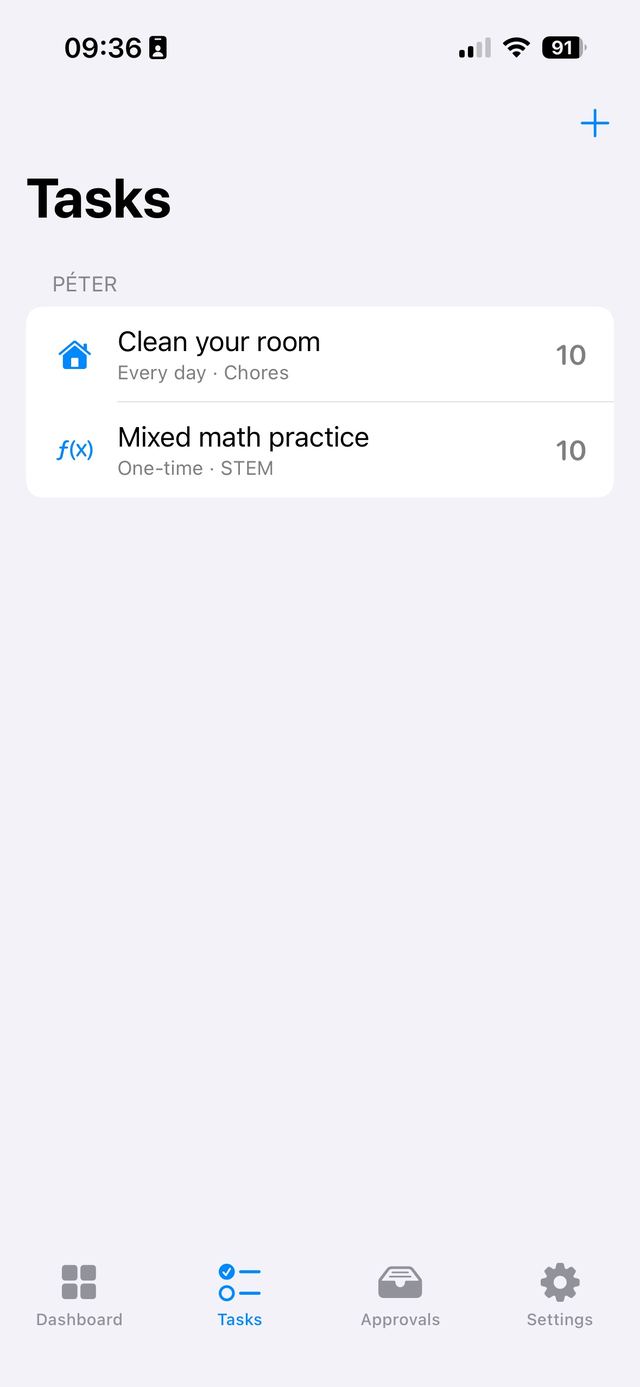 The Tasks screen showing a daily chore and a math practice task, each worth 10 credits.